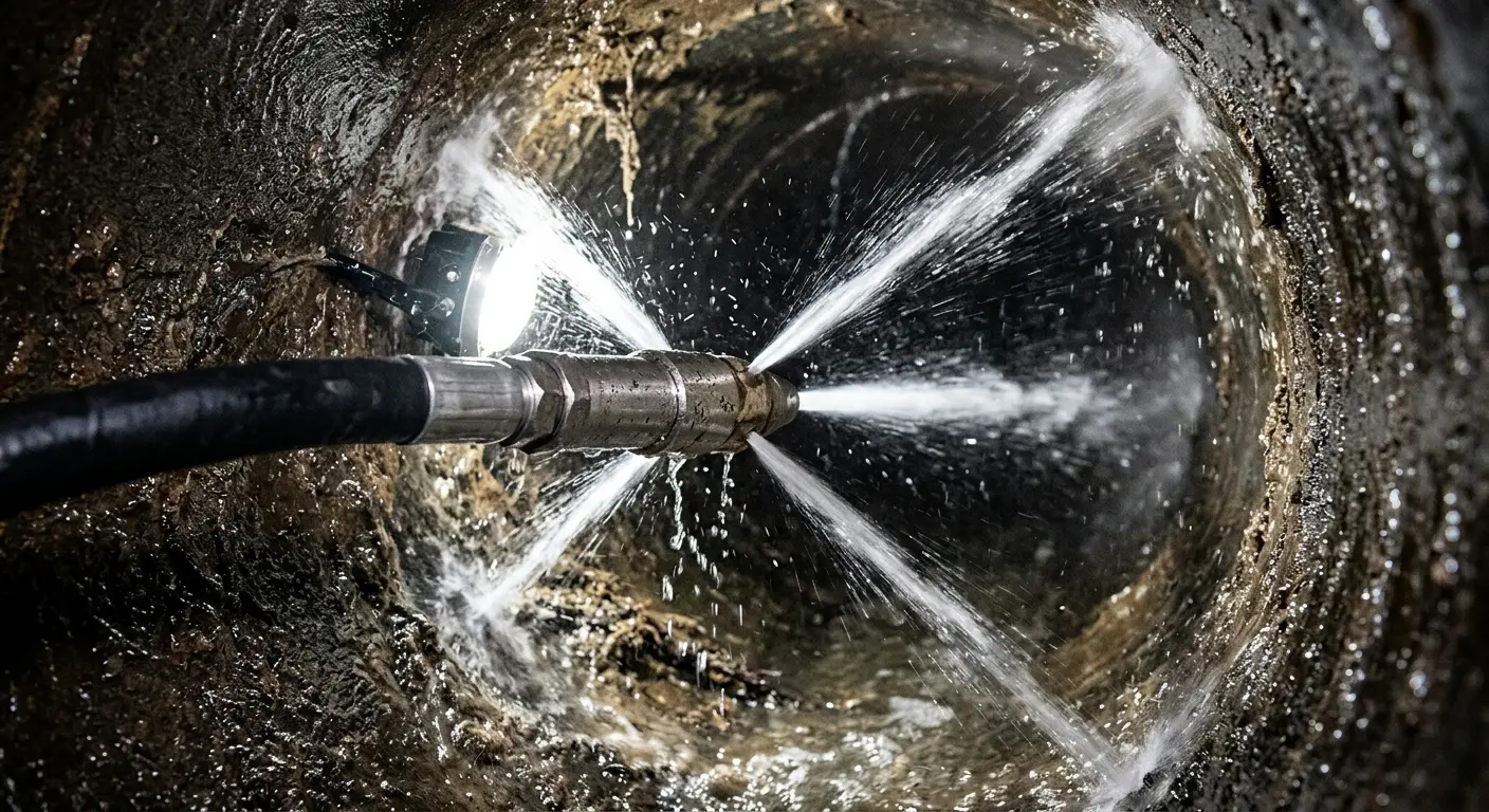 High-pressure hydro jetting nozzle cleaning sewer pipe for Sewer Line Relining in Florida City