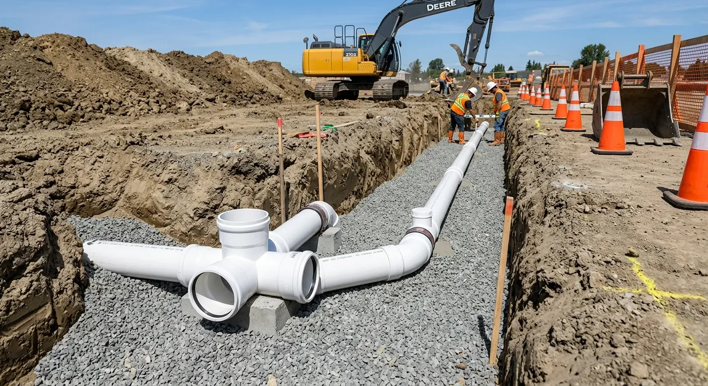 New PVC sewer pipe installation in open trench for Grease Trap Cleaning in Florida City