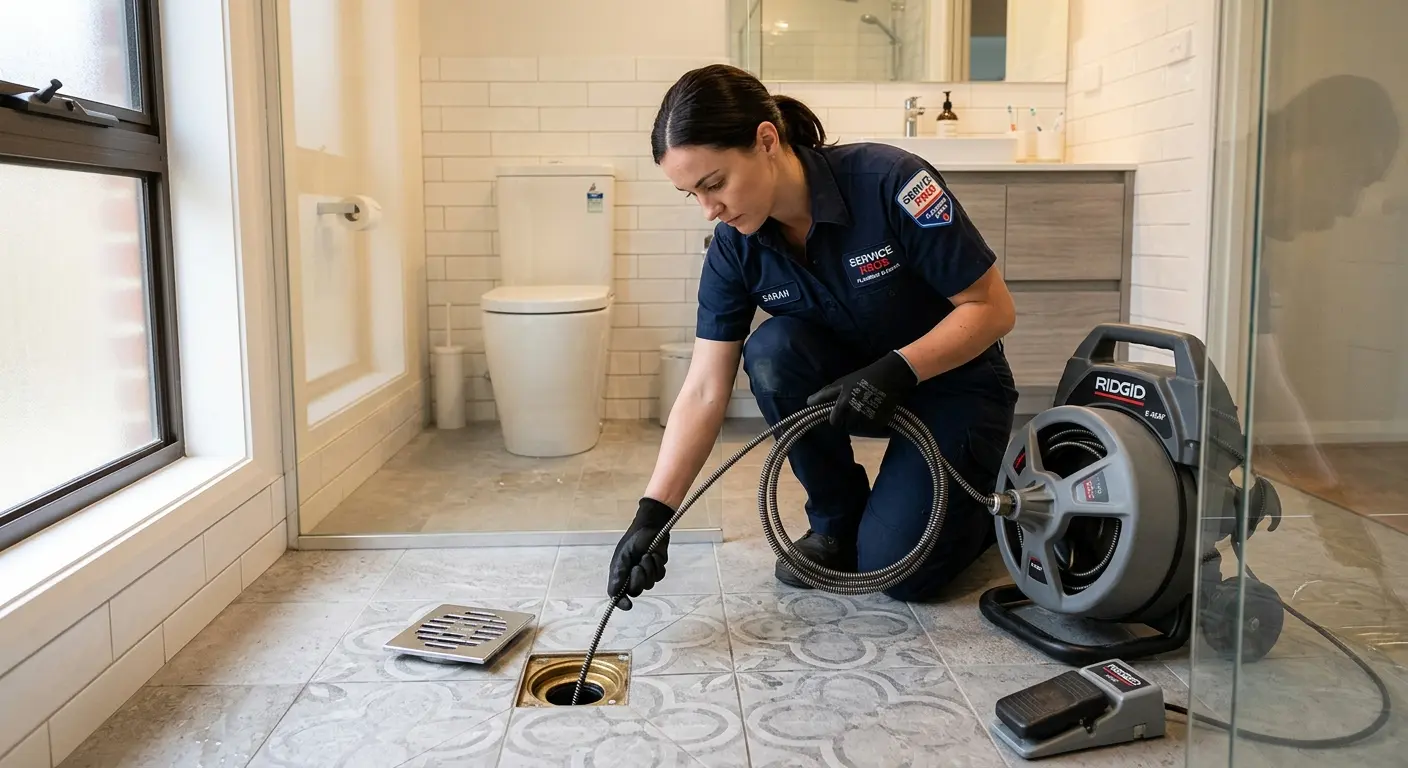 Technician clearing a bathroom floor drain for Sewer Line Replacement in Florida City